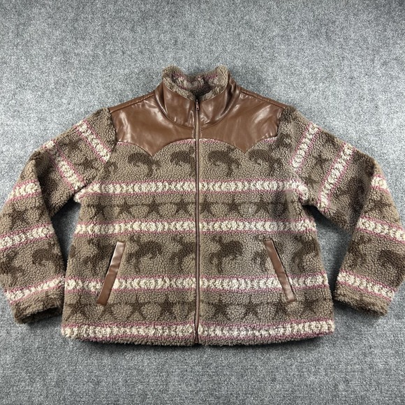 Ariat Jacket Womens XXL Plus Brown Sherpa Fleece Horse Print Bandit Western Zip - Picture 1 of 10
